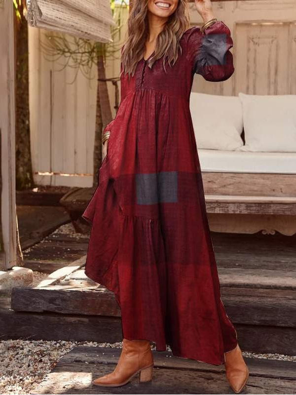 Women's Dresses V-Neck Retro Plaid Bubble Long Sleeve Dress - Maxi Dresses - INS | Online Fashion Free Shipping Clothing, Dresses, Tops, Shoes - 27/10/2021 - 30-40 - color-blue