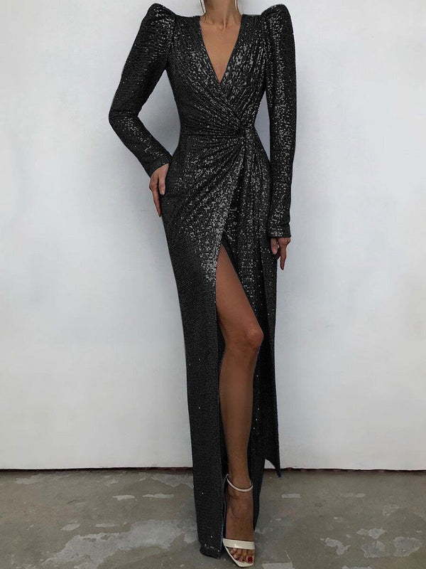 Women's Dresses V-Neck Sequin Slit Long Sleeve Evening Dress - Maxi Dresses - Instastyled | Online Fashion Free Shipping Clothing, Dresses, Tops, Shoes - 22/12/2021 - color-black - color-blue