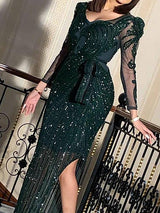 Women's Dresses V-Neck Sequin Split Belted Long Sleeve Dress - Maxi Dresses - Instastyled | Online Fashion Free Shipping Clothing, Dresses, Tops, Shoes - 22/12/2021 - color-dark_green - Color_Green