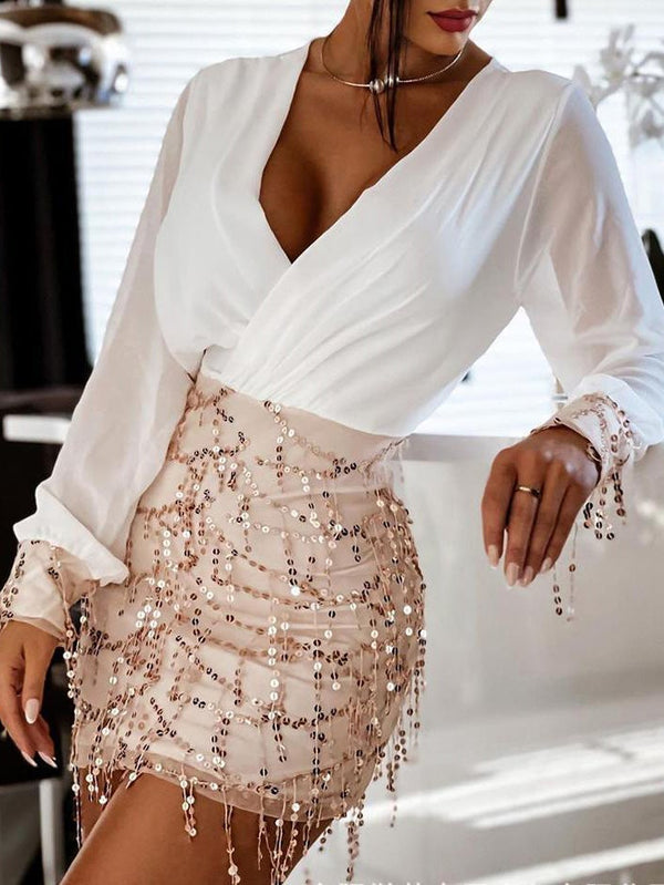 Women's Dresses V-Neck Sequined Fringe Long Sleeve Dress - Mini Dresses - Instastyled | Online Fashion Free Shipping Clothing, Dresses, Tops, Shoes - 22/12/2021 - 40-50 - color-white