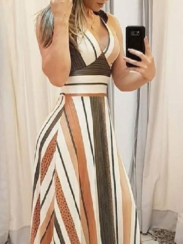 Women's Dresses V-Neck Sleeveless Striped Print Dress - Maxi Dresses - Instastyled | Online Fashion Free Shipping Clothing, Dresses, Tops, Shoes - 31/12/2021 - 40-50 - color-white