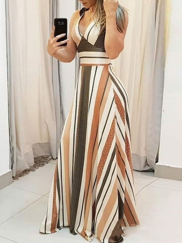 Women's Dresses V-Neck Sleeveless Striped Print Dress - Maxi Dresses - Instastyled | Online Fashion Free Shipping Clothing, Dresses, Tops, Shoes - 31/12/2021 - 40-50 - color-white