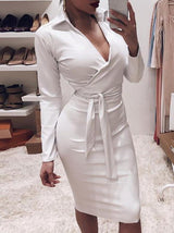 Women's Dresses V-Neck Slim Belted Long Sleeve Pu Leather Dress - Midi Dresses - INS | Online Fashion Free Shipping Clothing, Dresses, Tops, Shoes - 30/11/2021 - 40-50 - Bodycon Dresses