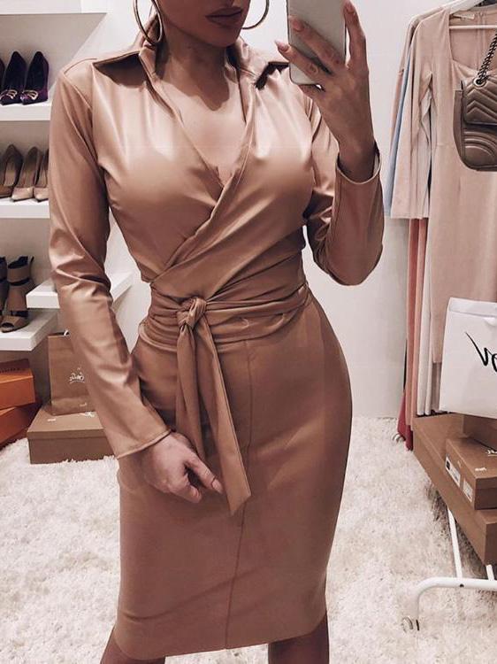 Women's Dresses V-Neck Slim Belted Long Sleeve Pu Leather Dress - Midi Dresses - INS | Online Fashion Free Shipping Clothing, Dresses, Tops, Shoes - 30/11/2021 - 40-50 - Bodycon Dresses