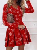 Women's Dresses V-Neck Snowflake Long Sleeve Mini Dress - Mini Dresses - INS | Online Fashion Free Shipping Clothing, Dresses, Tops, Shoes - 04/11/2021 - 30-40 - color-red