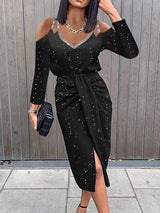 Women's Dresses V-Neck Strap Off-Shoulder Slit Long Sleeve Dress - Midi Dresses - INS | Online Fashion Free Shipping Clothing, Dresses, Tops, Shoes - 18/11/2021 - 30-40 - color-black