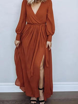 Women's Dresses V-Neck Temperament Long Sleeve Slit Dress - Maxi Dresses - INS | Online Fashion Free Shipping Clothing, Dresses, Tops, Shoes - 13/10/2021 - 40-50 - color-green