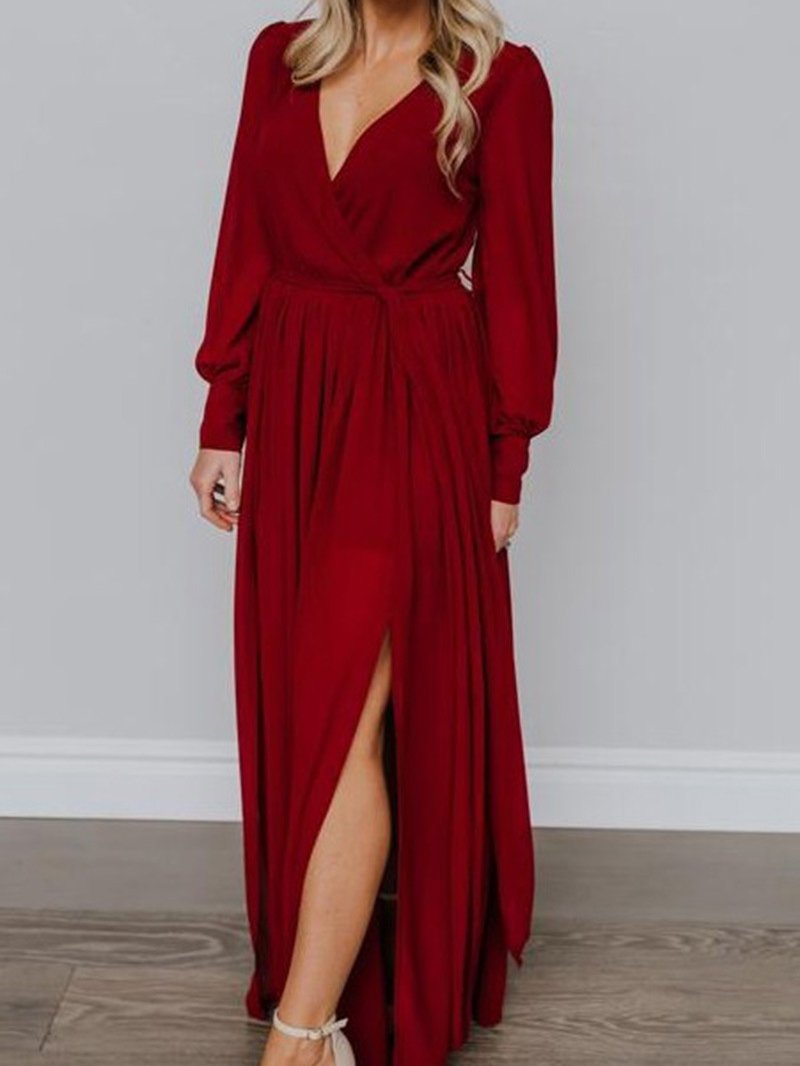 Women's Dresses V-Neck Temperament Long Sleeve Slit Dress - Maxi Dresses - INS | Online Fashion Free Shipping Clothing, Dresses, Tops, Shoes - 13/10/2021 - 40-50 - color-green