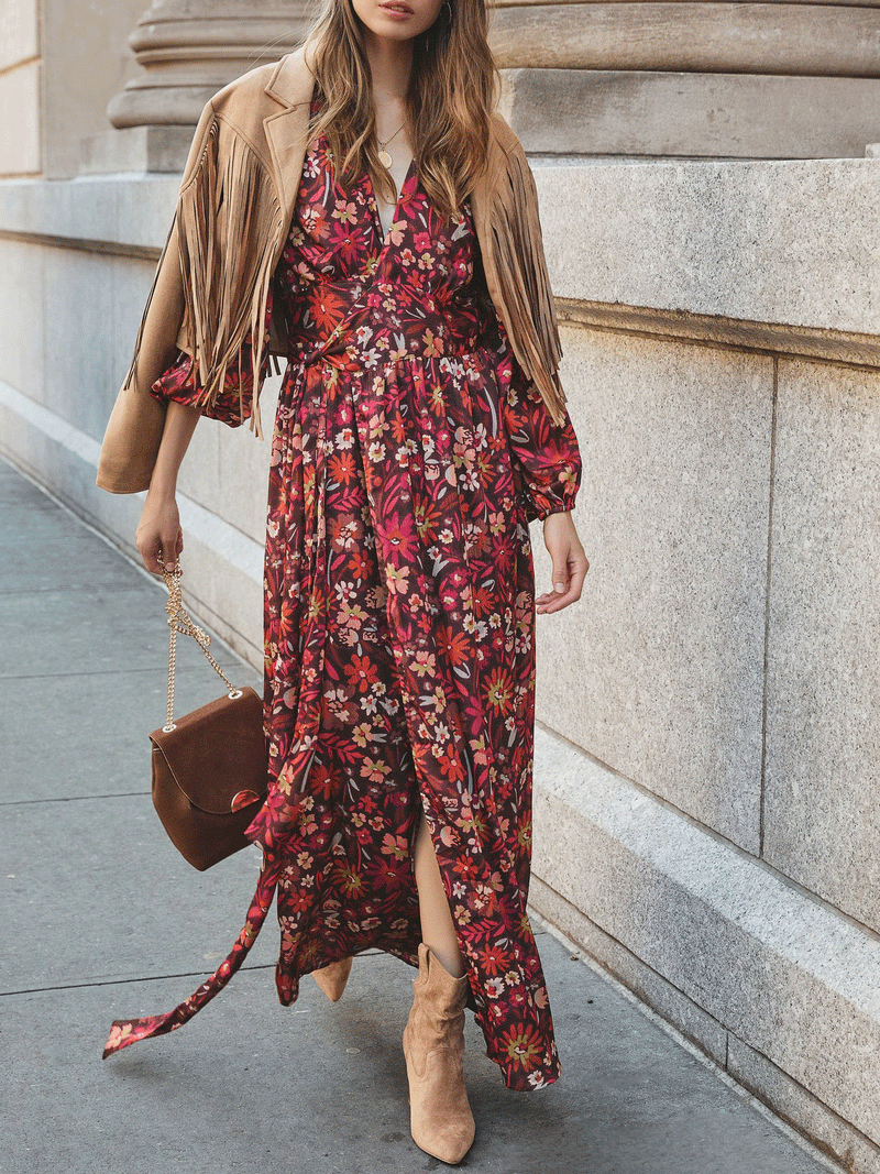 Women's Dresses V-Neck Tie Flower Long Sleeve Bohemian Dress - Maxi Dresses - INS | Online Fashion Free Shipping Clothing, Dresses, Tops, Shoes - 21/10/2021 - 30-40 - color-multi