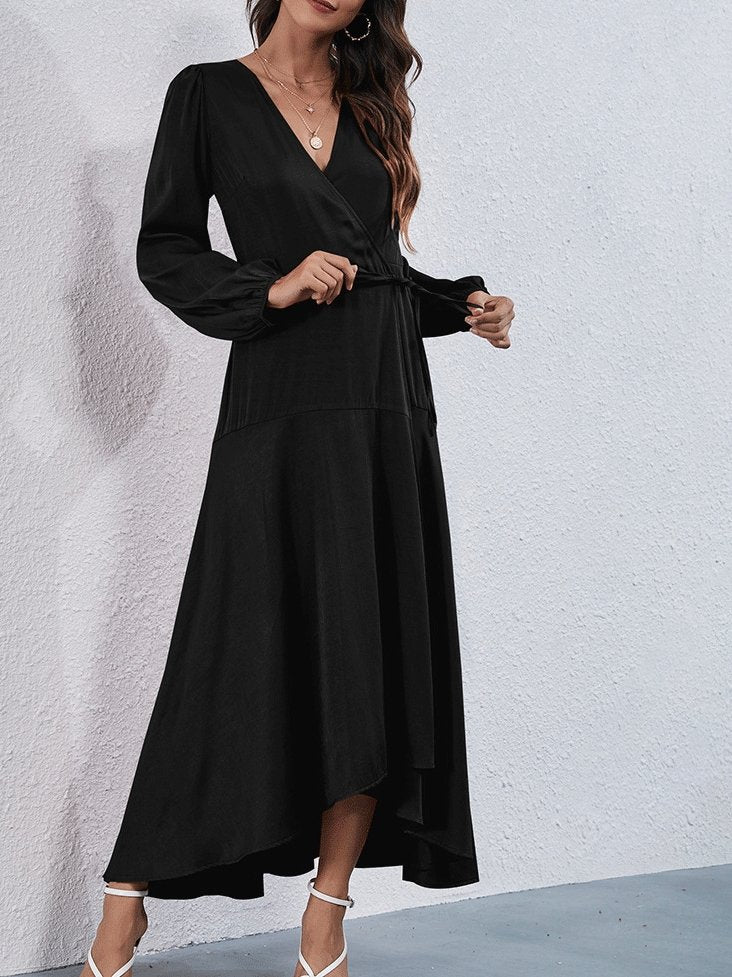 Women's Dresses V-Neck Tie Irregular Long Sleeve Dress - Maxi Dresses - INS | Online Fashion Free Shipping Clothing, Dresses, Tops, Shoes - 09/10/2021 - Color_Black - Color_Red