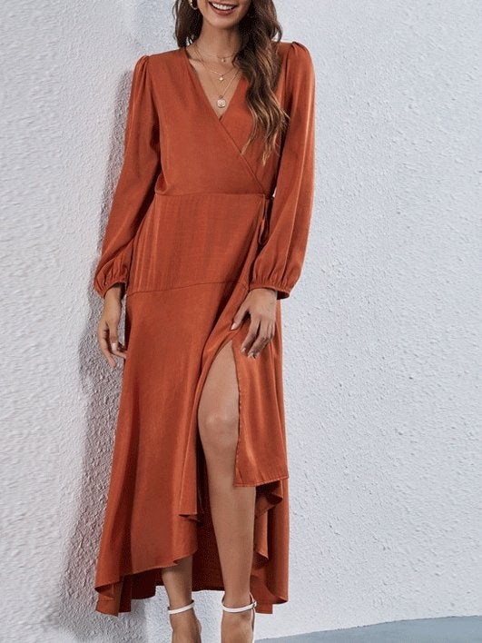 Women's Dresses V-Neck Tie Irregular Long Sleeve Dress - Maxi Dresses - INS | Online Fashion Free Shipping Clothing, Dresses, Tops, Shoes - 09/10/2021 - Color_Black - Color_Red