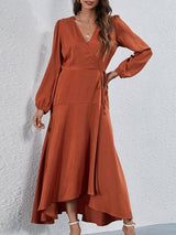 Women's Dresses V-Neck Tie Irregular Long Sleeve Dress - Maxi Dresses - INS | Online Fashion Free Shipping Clothing, Dresses, Tops, Shoes - 09/10/2021 - Color_Black - Color_Red