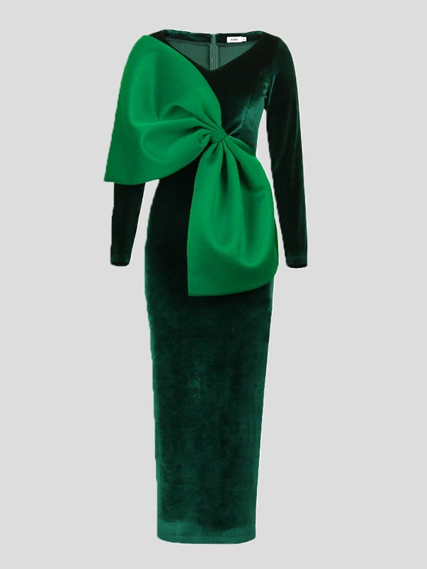 Women's Dresses V-Neck Velvet Bow Long Sleeve Party Dress - Maxi Dresses - Instastyled | Online Fashion Free Shipping Clothing, Dresses, Tops, Shoes - 29/12/2021 - color-green - Color_Green