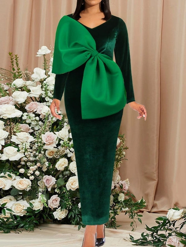 Women's Dresses V-Neck Velvet Bow Long Sleeve Party Dress - Maxi Dresses - Instastyled | Online Fashion Free Shipping Clothing, Dresses, Tops, Shoes - 29/12/2021 - color-green - Color_Green