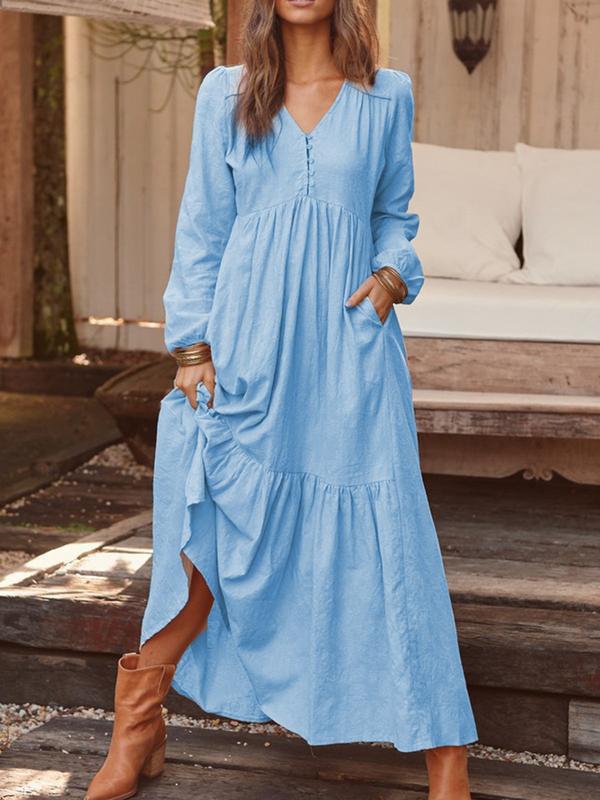 Women's Dresses V-Neck Vintage Buttoned Long Sleeve Dress - Maxi Dresses - INS | Online Fashion Free Shipping Clothing, Dresses, Tops, Shoes - 15/09/2021 - 30-40 - Category_Maxi Dresses