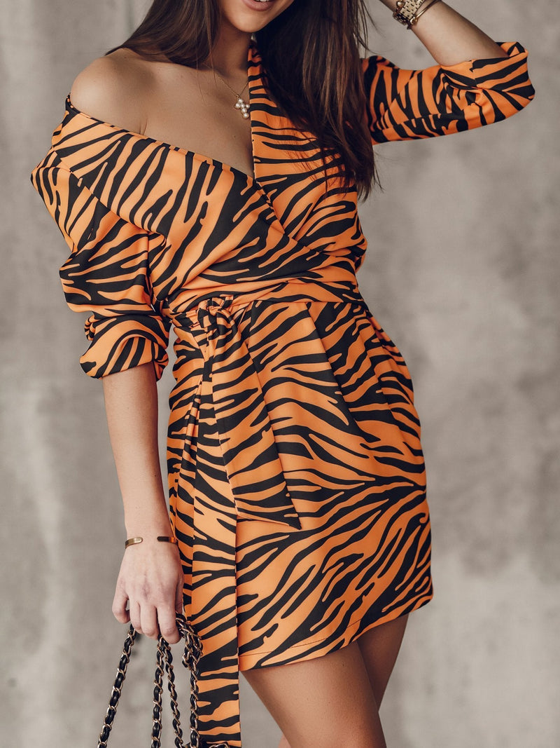 Women's Dresses V-Neck Zebra Print Lace-Up Long Sleeve Dress - Mini Dresses - INS | Online Fashion Free Shipping Clothing, Dresses, Tops, Shoes - 02/09/2021 - 10-20 - Category_Mini Dresses