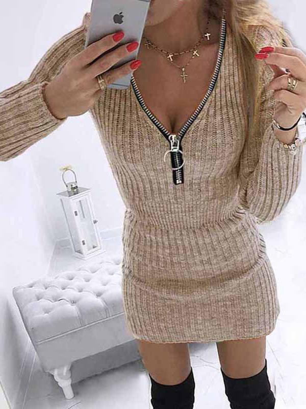 Women's Dresses V-Neck Zipper Long Sleeve Knitted Tight Dress - Mini Dresses - INS | Online Fashion Free Shipping Clothing, Dresses, Tops, Shoes - 20-30 - 23/09/2021 - Bodycon Dresses