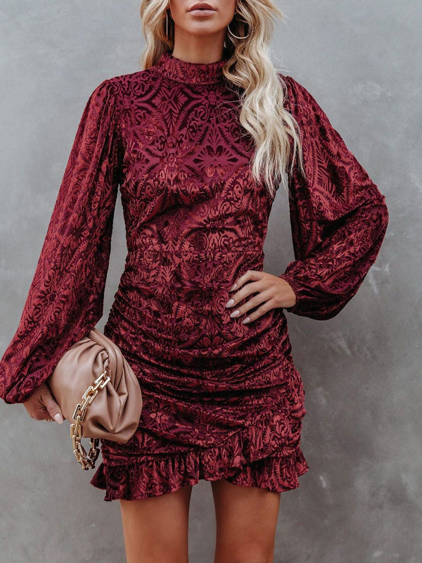 Women's Dresses Velvet Burnt Flower Ruffled Irregular Long Sleeve Dress - Mini Dresses - Instastyled | Online Fashion Free Shipping Clothing, Dresses, Tops, Shoes - 22/12/2021 - 40-50 - color-blue