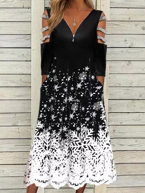 Women's Dresses Zip V-Neck Off-The-Shoulder Snowflake Printed Dress - Midi Dresses - INS | Online Fashion Free Shipping Clothing, Dresses, Tops, Shoes - 20-30 - 26/10/2021 - color-black