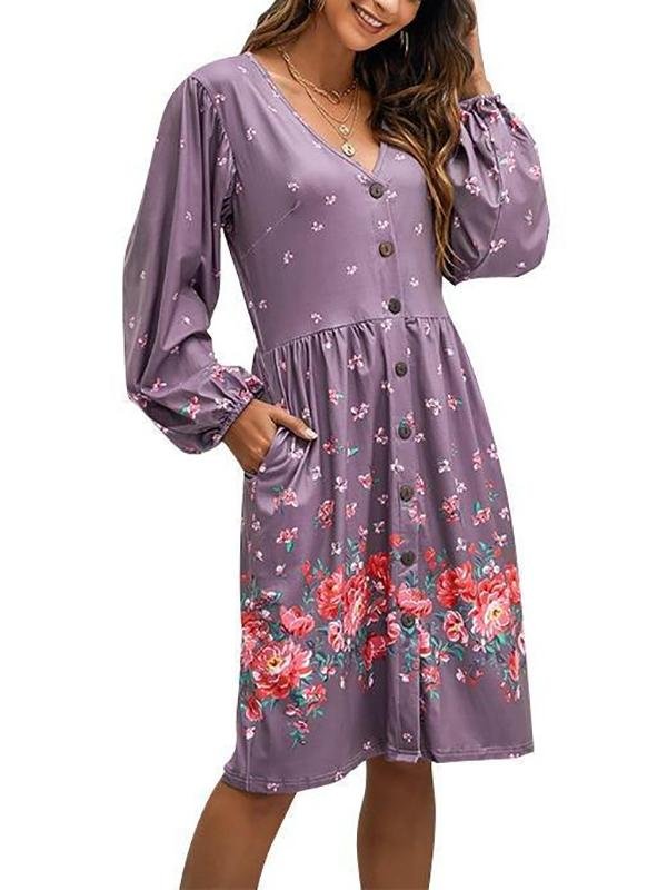 Women's Floral Pattern Long Sleeve Midi Dress - Dresses - INS | Online Fashion Free Shipping Clothing, Dresses, Tops, Shoes - 18/03/2021 - Autumn - Black