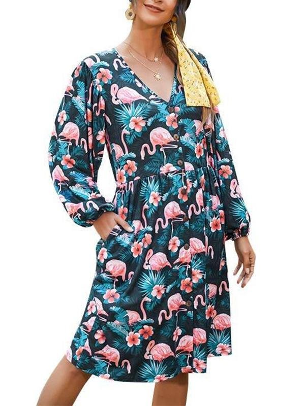 Women's Floral Pattern Long Sleeve Midi Dress - Dresses - INS | Online Fashion Free Shipping Clothing, Dresses, Tops, Shoes - 18/03/2021 - Autumn - Black