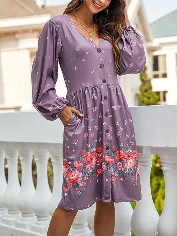 Women's Floral Pattern Long Sleeve Midi Dress - Dresses - INS | Online Fashion Free Shipping Clothing, Dresses, Tops, Shoes - 18/03/2021 - Autumn - Black