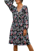 Women's Floral Pattern Long Sleeve Midi Dress - Dresses - INS | Online Fashion Free Shipping Clothing, Dresses, Tops, Shoes - 18/03/2021 - Autumn - Black