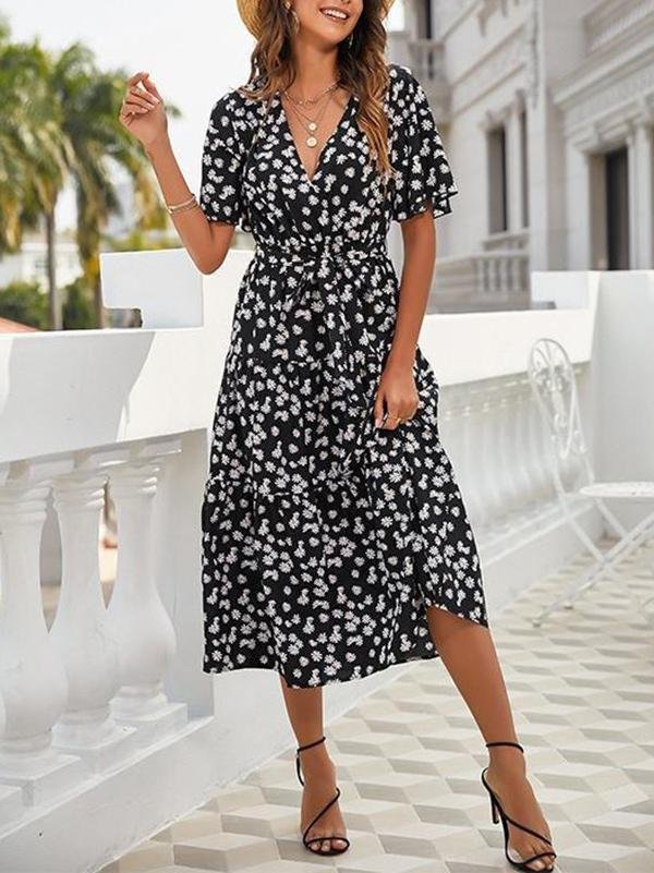 Women's Floral Pattern V Neck High Waist Midi Dress - Dresses - INS | Online Fashion Free Shipping Clothing, Dresses, Tops, Shoes - 18/03/2021 - Black - Color_Black