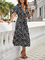 Women's Floral Pattern V Neck High Waist Midi Dress - Dresses - INS | Online Fashion Free Shipping Clothing, Dresses, Tops, Shoes - 18/03/2021 - Black - Color_Black