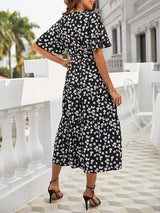 Women's Floral Pattern V Neck High Waist Midi Dress - Dresses - INS | Online Fashion Free Shipping Clothing, Dresses, Tops, Shoes - 18/03/2021 - Black - Color_Black