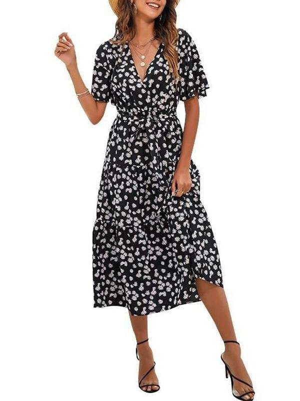 Women's Floral Pattern V Neck High Waist Midi Dress - Dresses - INS | Online Fashion Free Shipping Clothing, Dresses, Tops, Shoes - 18/03/2021 - Black - Color_Black