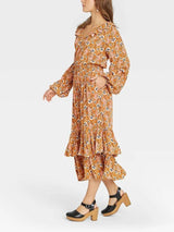 Women's Floral Print Balloon Ruffle Collar Hem Dress - Midi Dresses - INS | Online Fashion Free Shipping Clothing, Dresses, Tops, Shoes - 15/04/2021 - Color_Yellow - DRE210415008