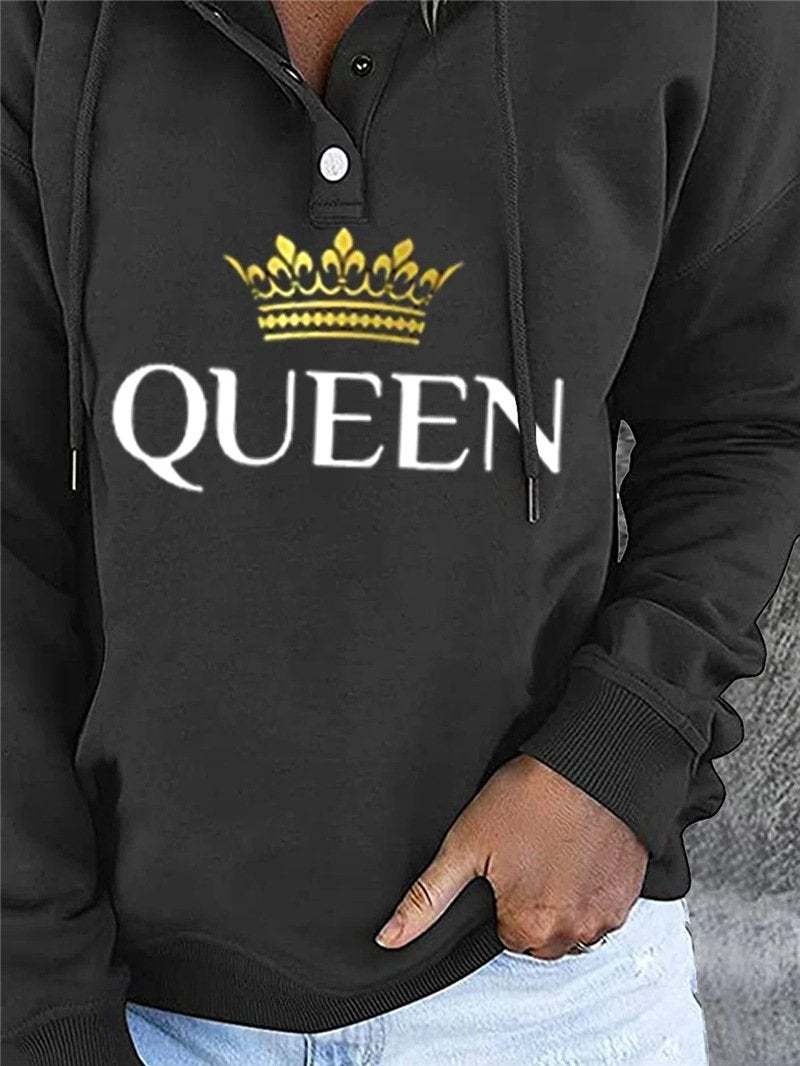 Women's Hoodies Buttons Letter Crown Print Drawstring Hoody - Hoodies - INS | Online Fashion Free Shipping Clothing, Dresses, Tops, Shoes - 17/09/2021 - 20-30 - Category_Hoodies