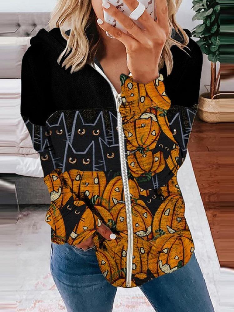 Women's Hoodies Cat Pumpkin Print Long Sleeve Zip Hoodie - Hoodies - INS | Online Fashion Free Shipping Clothing, Dresses, Tops, Shoes - 20-30 - 25/10/2021 - color-black