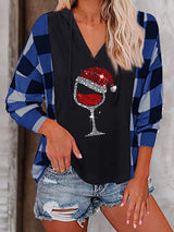 Women's Hoodies Check Wineglass V-Neck Long Sleeve Hoody - Hoodies - INS | Online Fashion Free Shipping Clothing, Dresses, Tops, Shoes - 15/10/2021 - Color_Blue - Color_Gray