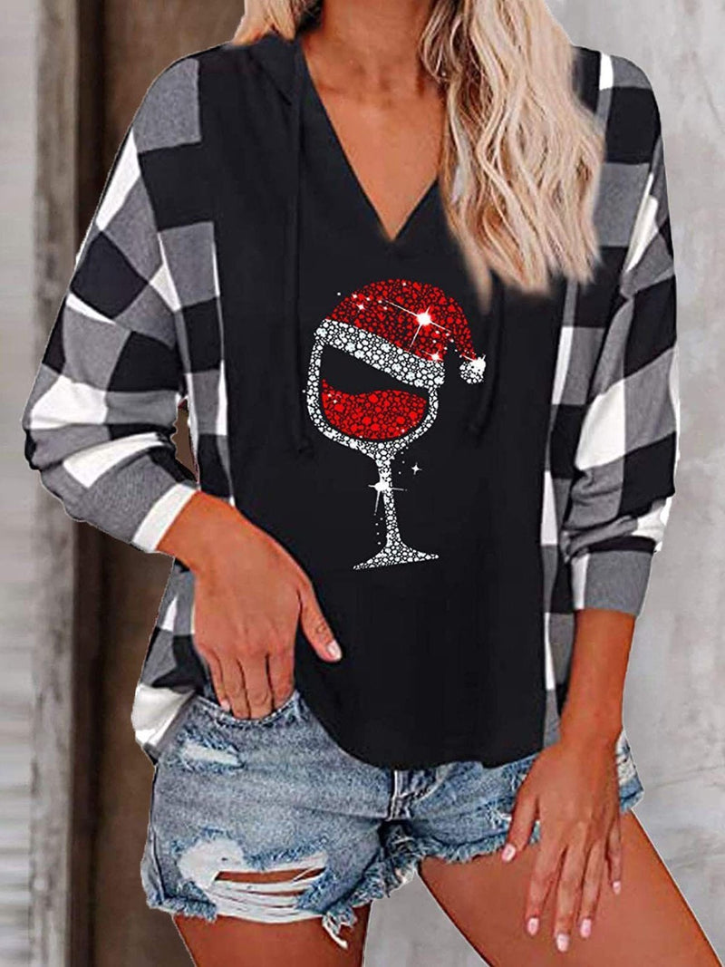 Women's Hoodies Check Wineglass V-Neck Long Sleeve Hoody - Hoodies - INS | Online Fashion Free Shipping Clothing, Dresses, Tops, Shoes - 15/10/2021 - Color_Blue - Color_Gray