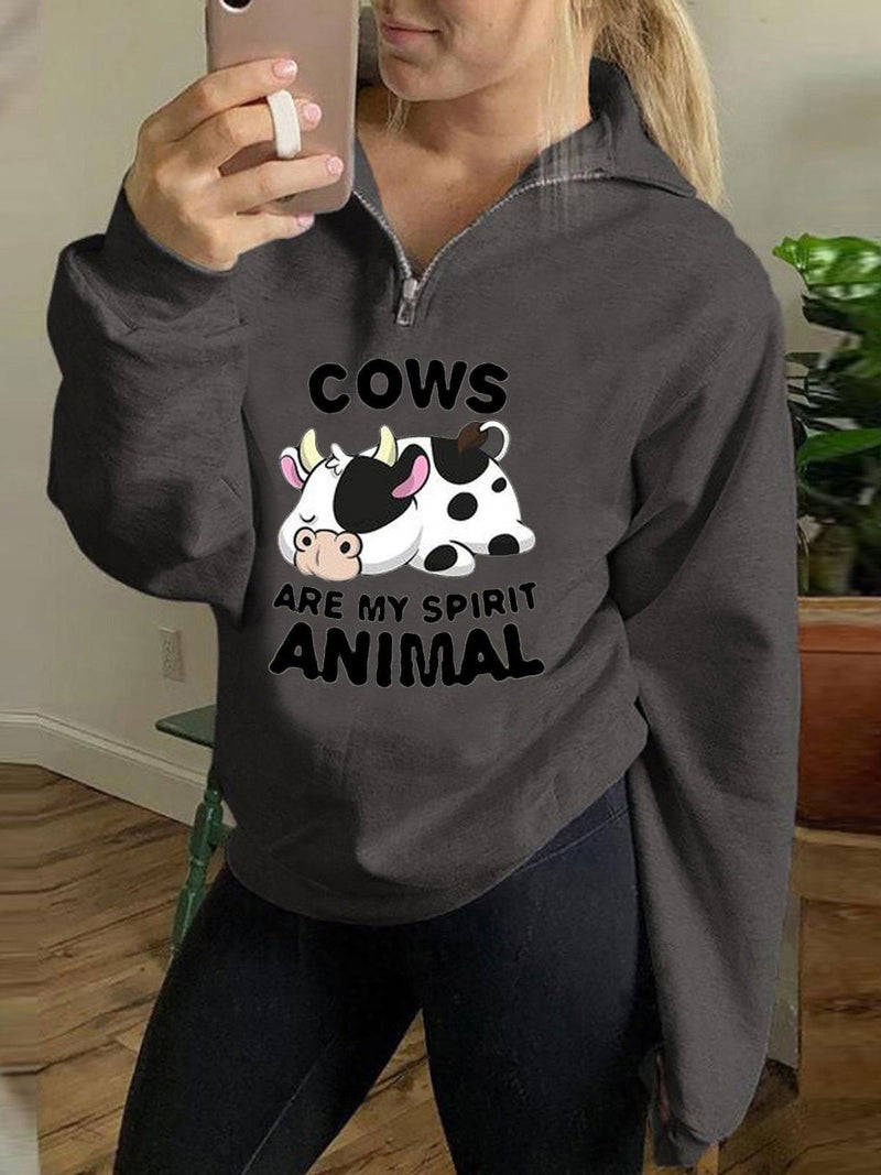 Women's Hoodies Cow Letter Printed Zipper Long Sleeve Hoody - Hoodies - INS | Online Fashion Free Shipping Clothing, Dresses, Tops, Shoes - 08/11/2021 - 20-30 - color-black