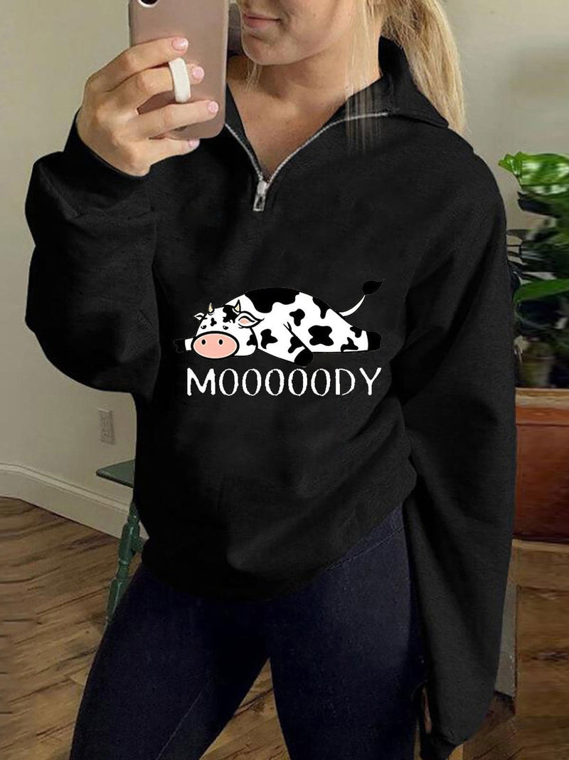 Women's Hoodies Cow Letter Printed Zipper Long Sleeve Hoody - Hoodies - INS | Online Fashion Free Shipping Clothing, Dresses, Tops, Shoes - 08/11/2021 - 20-30 - color-black