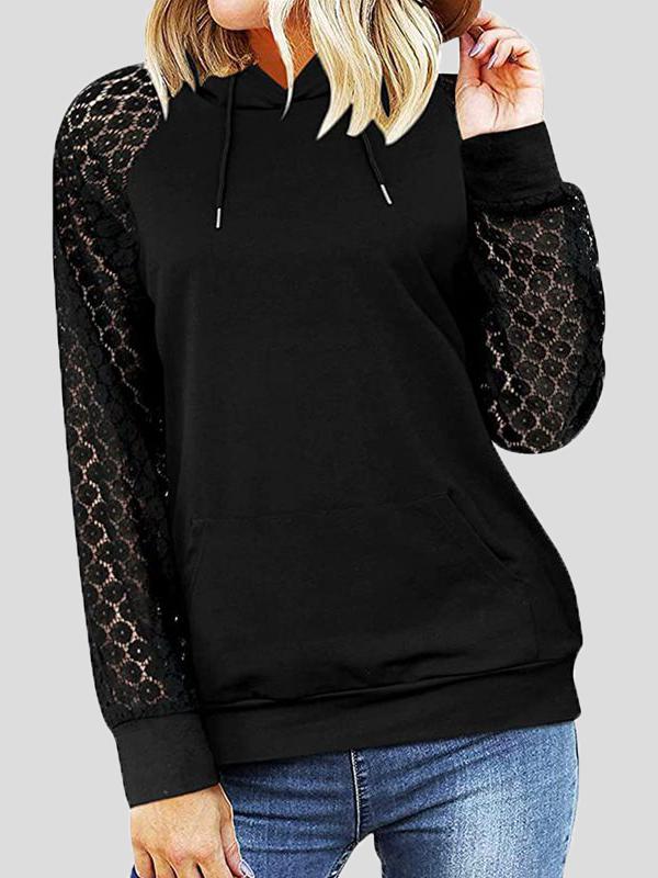 Women's Hoodies Lace Long Sleeve Drawstring Pocket Hoodie - Hoodies - INS | Online Fashion Free Shipping Clothing, Dresses, Tops, Shoes - 06/11/2021 - 20-30 - color-black