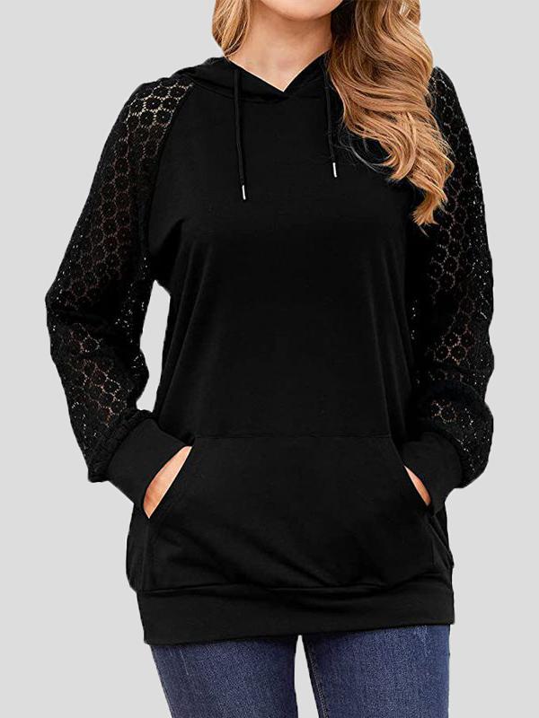 Women's Hoodies Lace Long Sleeve Drawstring Pocket Hoodie - Hoodies - INS | Online Fashion Free Shipping Clothing, Dresses, Tops, Shoes - 06/11/2021 - 20-30 - color-black