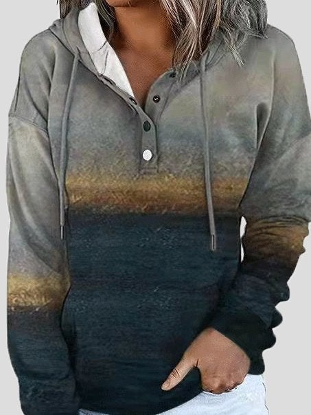 Women's Hoodies Landscape Drawstring Button Pocket Hoodie - Hoodies - INS | Online Fashion Free Shipping Clothing, Dresses, Tops, Shoes - 12/10/2021 - 20-30 - color-gray