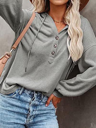 Women's Hoodies Long Sleeve V-Neck Drawstring Button Sports Hoodie - Hoodies - INS | Online Fashion Free Shipping Clothing, Dresses, Tops, Shoes - 09/08/2021 - 30-40 - Category_Hoodies