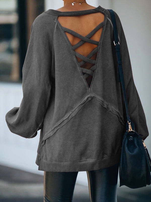 Women's Hoodies Loose Round Neck Open Back Cross Long Sleeve Hoodie - Hoodies - INS | Online Fashion Free Shipping Clothing, Dresses, Tops, Shoes - 02/11/2021 - 20-30 - color-dark_gray