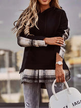 Women's Hoodies Plaid Paneled Pullover Long Sleeve Hoody - Hoodies - INS | Online Fashion Free Shipping Clothing, Dresses, Tops, Shoes - 03/11/2021 - 30-40 - color-black