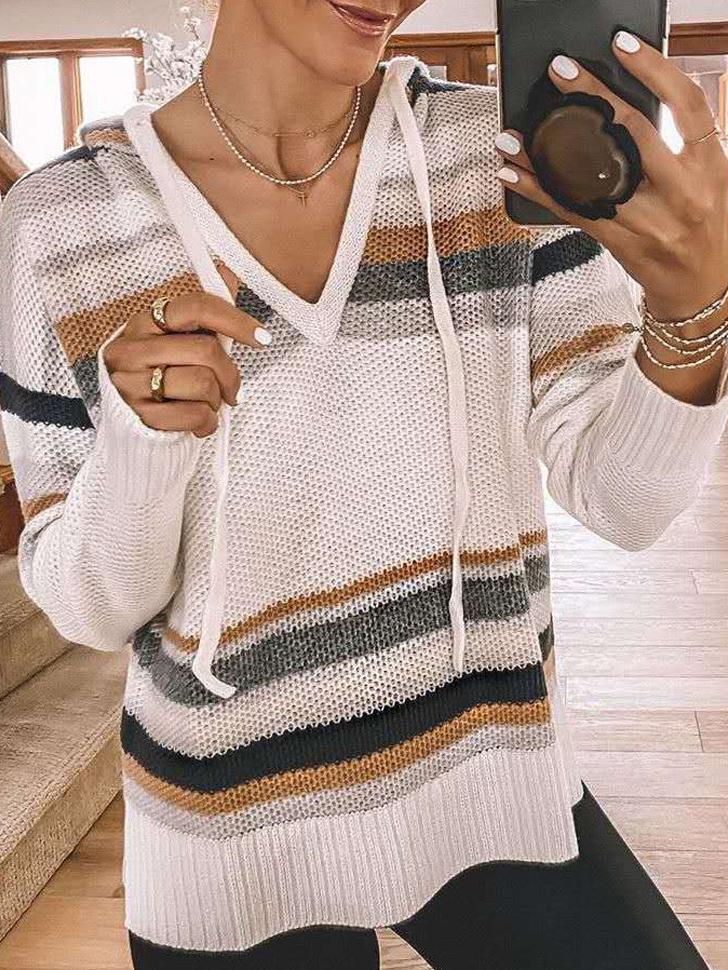 Women's Hoodies Striped V-Neck Long Sleeve Knit Hoodie - Hoodies - INS | Online Fashion Free Shipping Clothing, Dresses, Tops, Shoes - 13/10/2021 - 30-40 - color-white