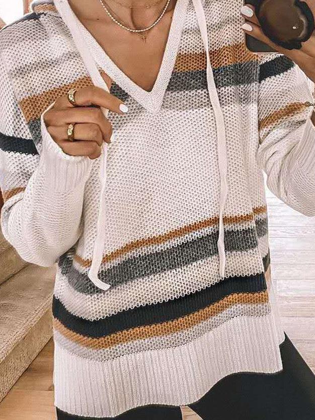 Women's Hoodies Striped V-Neck Long Sleeve Knit Hoodie - Hoodies - INS | Online Fashion Free Shipping Clothing, Dresses, Tops, Shoes - 13/10/2021 - 30-40 - color-white