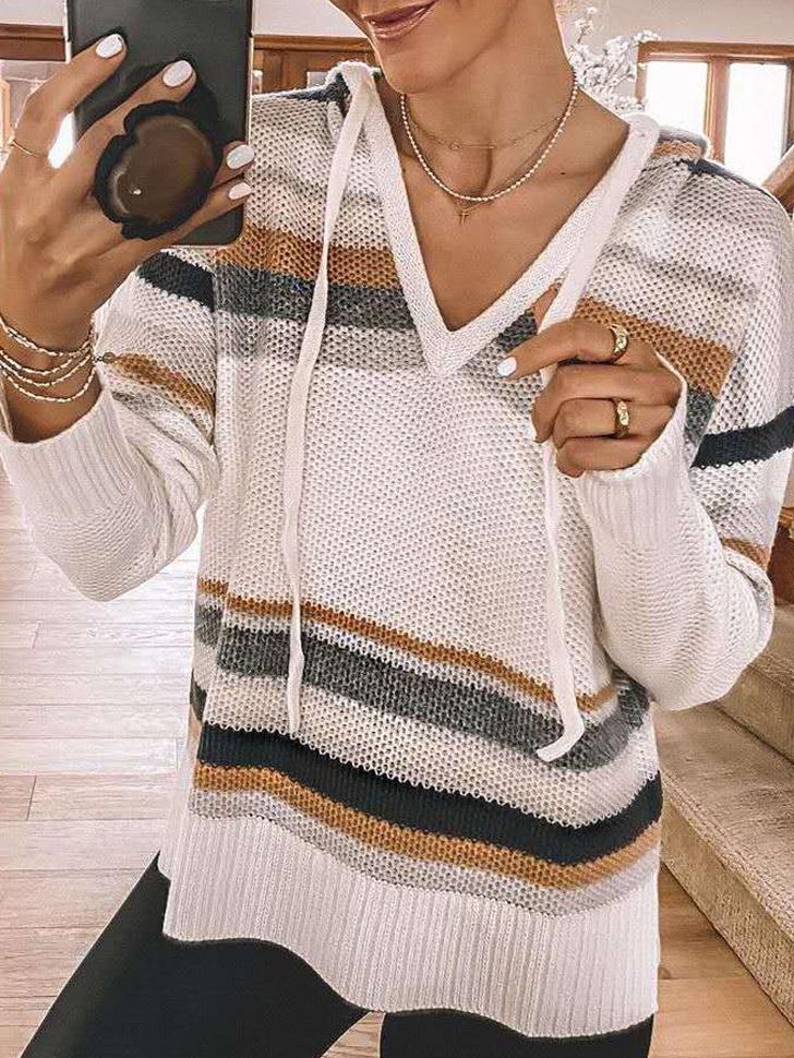 Women's Hoodies Striped V-Neck Long Sleeve Knit Hoodie - Hoodies - INS | Online Fashion Free Shipping Clothing, Dresses, Tops, Shoes - 13/10/2021 - 30-40 - color-white