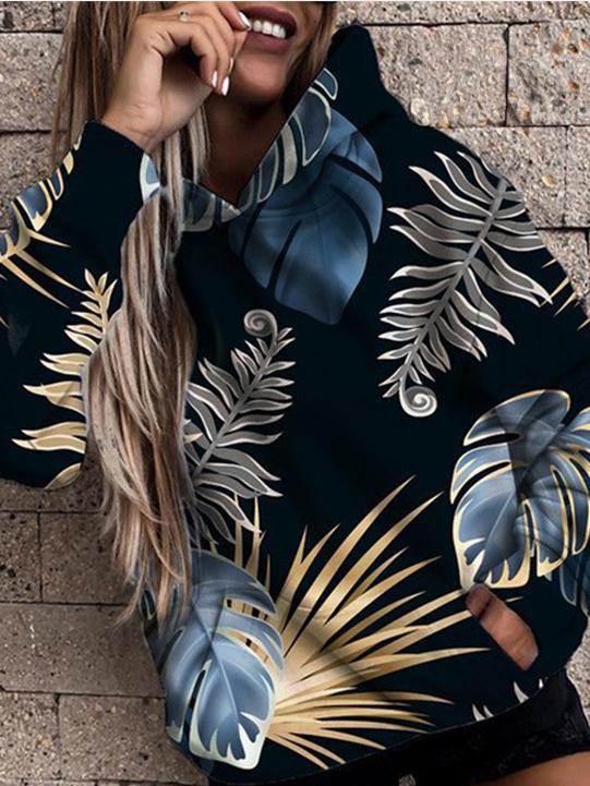 Women's Hoodies Tropical Leaf Pocket Long Sleeve Hoodie - Hoodies - INS | Online Fashion Free Shipping Clothing, Dresses, Tops, Shoes - 19/10/2021 - color-black - color-blue