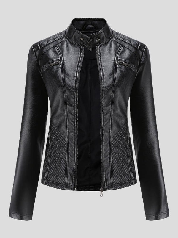 Women's Jackets Casual Stand-Collar Slim Solid Leather Jacket - Coats & Jackets - INS | Online Fashion Free Shipping Clothing, Dresses, Tops, Shoes - 26/08/2021 - Coats & Jackets - color-black