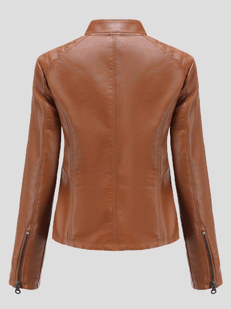 Women's Jackets Casual Stand-Collar Slim Solid Leather Jacket - Coats & Jackets - INS | Online Fashion Free Shipping Clothing, Dresses, Tops, Shoes - 26/08/2021 - Coats & Jackets - color-black